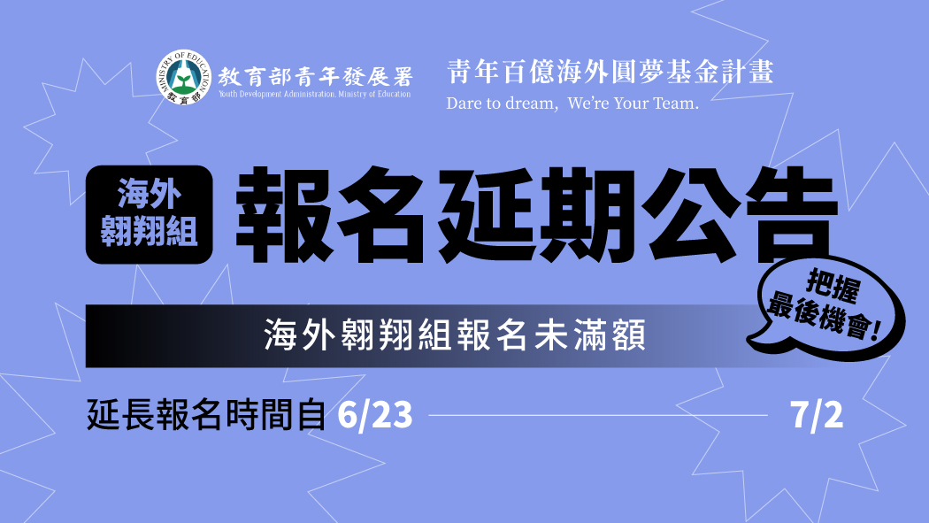 【更新】好消息！18-30歲海外翱翔組5案計畫延長報名！